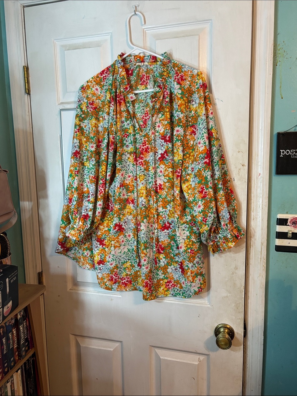 Bright Floral Blouse in Yellow, Red & Green Size large